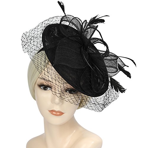 Acecharming Fascinators for Women, Feather Sinamay Fascinators with Headbands Tea Party Pillbox Hat Flower Derby Hats（Black-10） - Thumbnail 4