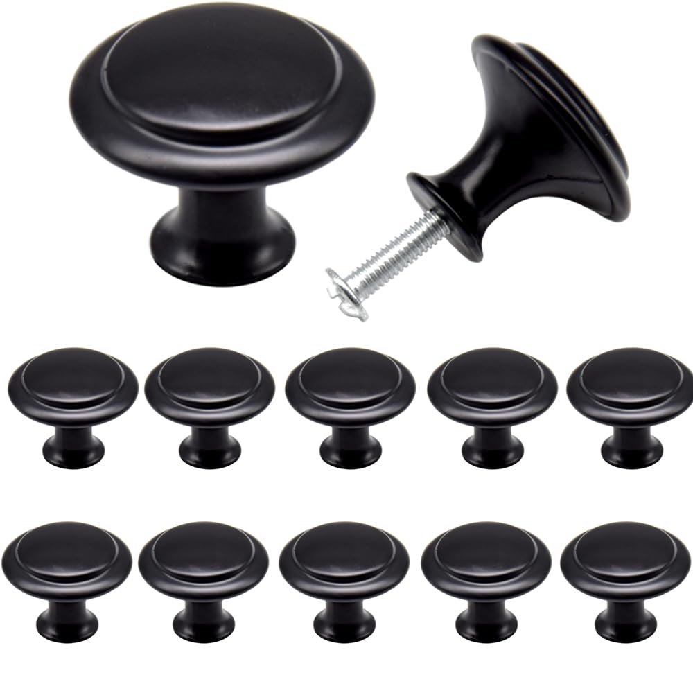 Yosawo 12 Pcs Vintage Cabinet Knobs Round Solid Knobs Handles with Screws for Cabinet, Wardrobe, Drawer, Bathroom Racks (27mm/Black)