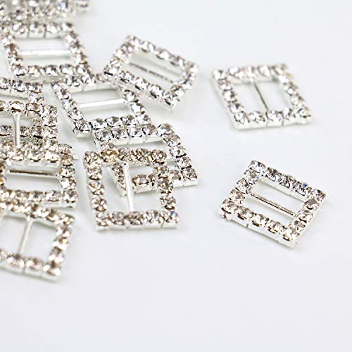 JETEHO Pack of 50 Square Silver Tone Diamante Crystal Rhinestone Buckle Chair Sash Ribbon Slider for Wedding Invitation Letter,15mm - Thumbnail 3