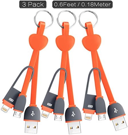 Sync Cable with Keychain, ASICEN 3Packs 2-in-1 (0.6FT) Sync Lightning Wire Micro USB Cable for iPhone7//6/6s/5s,iPad Air/mini, iPod,Samsung, Moto, Blackberry, Nokia, LG,Google,HTC (Orange)