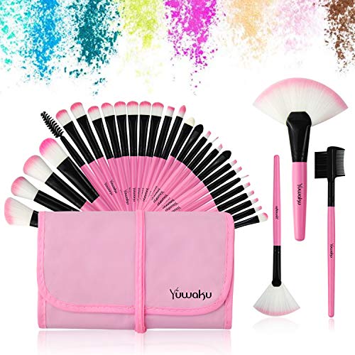 Yuwaku Pink Makeup Brush Set, 32pcs Premium Synthetic Brushes, Kabuki