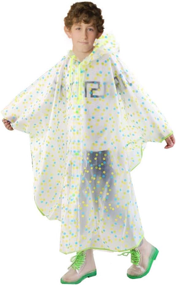 SWIHELP Boys Girls Rain Poncho Hooded Kids Waterproof Raincoat Breathable Cute Wave Point with Transparent PVC Hat Brim Free Movement 4-10 Years