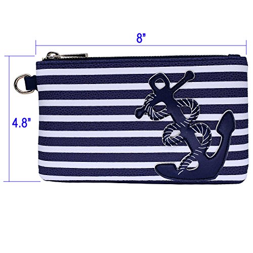 Soft PU Leather Pouch with Anchor Mark on Navy Blue Stripes, 8"x4.8" Wristlet Bag Zip Coin Purse for Smartphone, iPhone, Passport, Tickets