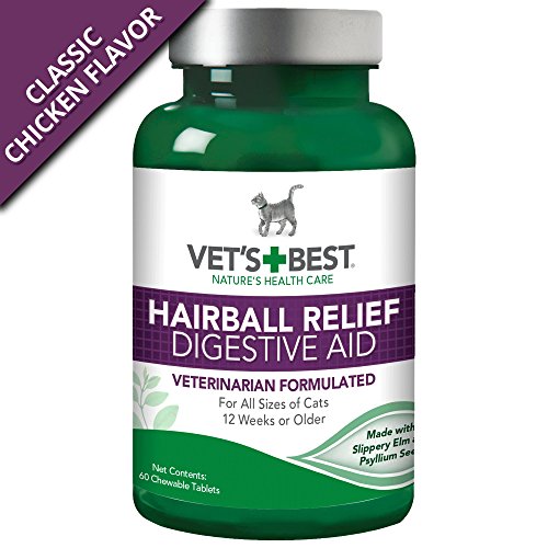 Vet's Best Cat Hairball Relief Digestive Aid, Vet Formulated Hairball Support Remedy, Hairball Relief for Cats, Classic Chicken Flavor, 60 Chewable Tablets