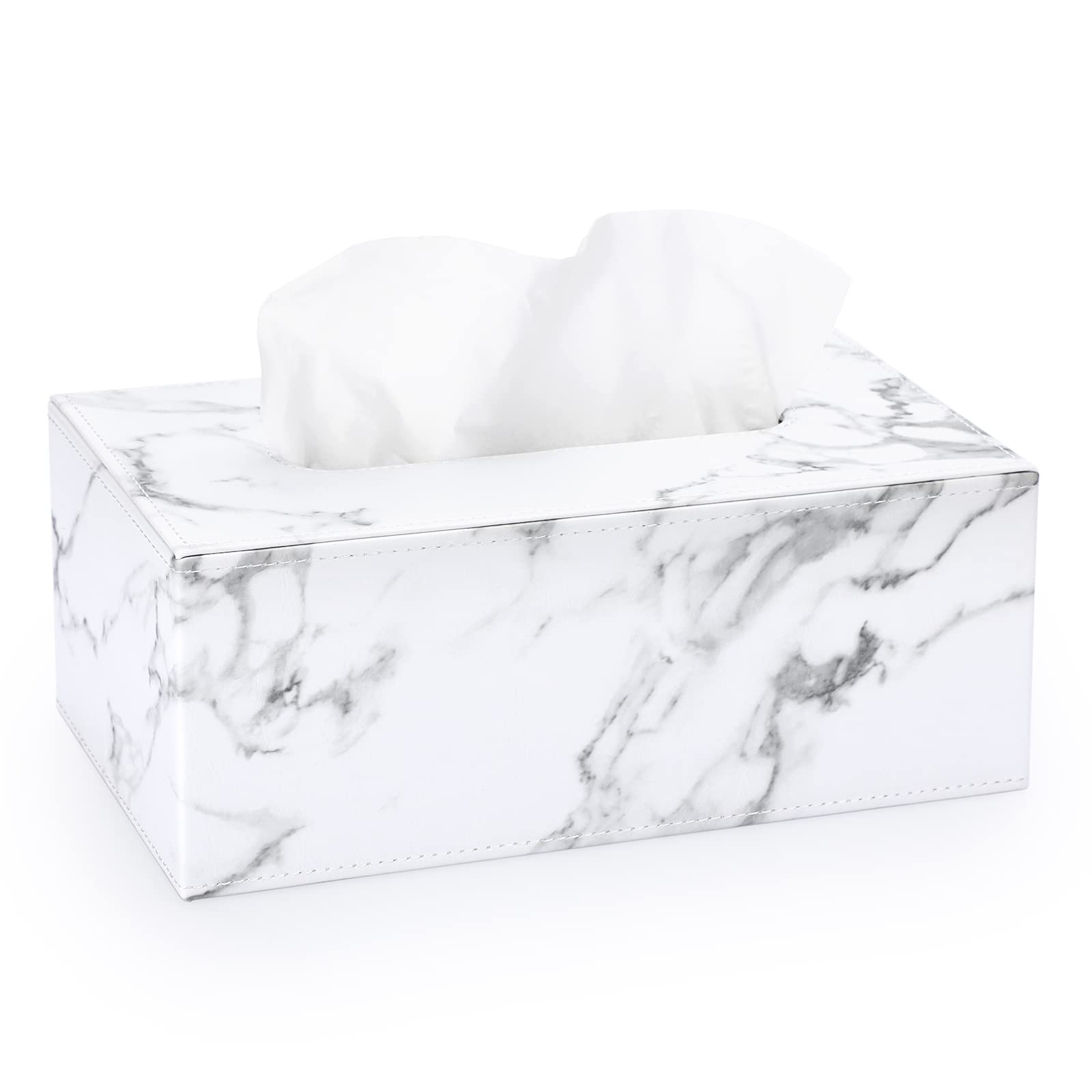 Photo 1 of Sumnacon Rectangular Leather Tissue Box Cover - Stylish Tissue Box Holder with Magnetic Bottom, Decorative PU Tissue Box for Vanity Dresser Night Stand Table Countertop Home Office Car, Marble White