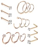 Thunaraz 15 Pcs 20G Stainless Steel Nose Ring CZ L-shaped Hoop Piercing For Men Women