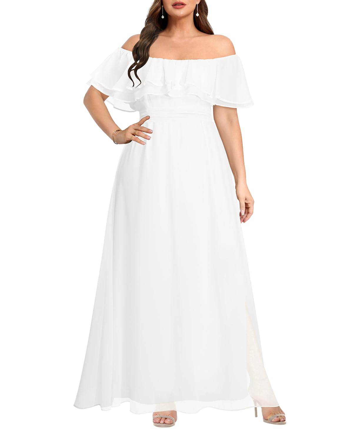 women plus size wedding dress white bridal shower bride maxi long off the shoulder chiffon ruffle sl