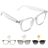Smart Glasses for Women Men, Bluetooth Glasses with Photochromic Lenses Touch Control Voice Assistant for Clear Audio Remote Photography, Transparent frame and white legs, Perfect for Indoor Outdoor