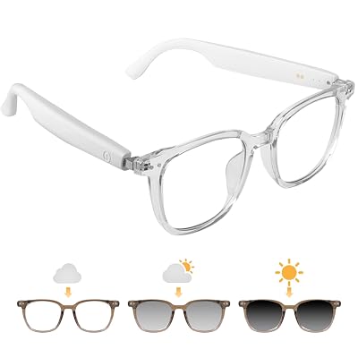 Smart Glasses for Women Men, Bluetooth Glasses with Photochromic Lenses Touch Control Voice Assistant for Clear Audio Remote Photography, Transparent frame and white legs, Perfect for Indoor Outdoor