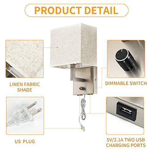 Bedside Wall Mount Light with Dimmer Switch and Two USB Charging Port