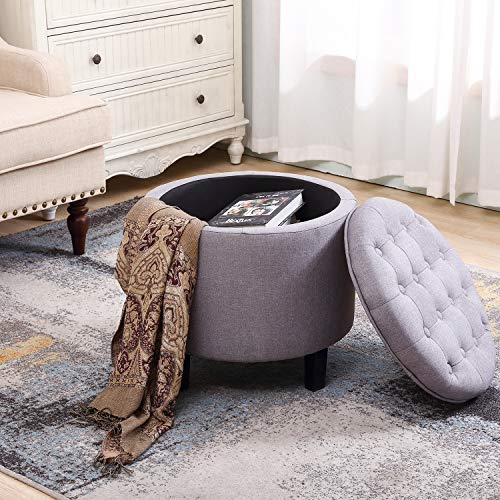 YAMASORO Fabric Cushion Button Lift Top Storage Footstool, Height 18 Inches Strudy Round Ottomans & Storage Ottomans, Gray