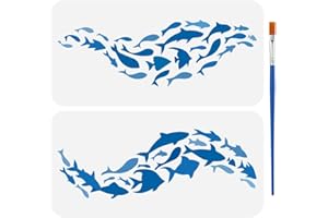 FINGERINSPIRE 2 Pcs Fish Painting Template with Brush 5.9x11.8inch Fish Silhouettes Painting Template Marine Animal Theme Painting Stencil Various Fish Painting Stencil Reusable DIY Art Craft Stencil