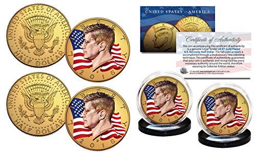 Colorized FLOWING FLAG 2018 JFK 2-Coin Set 24K GOLD Plated - Both P & D Mint Set
