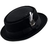 Men's Crush-able Wool Felt Porkpie Pork Pie Fedora Hats with Feather DTHE09