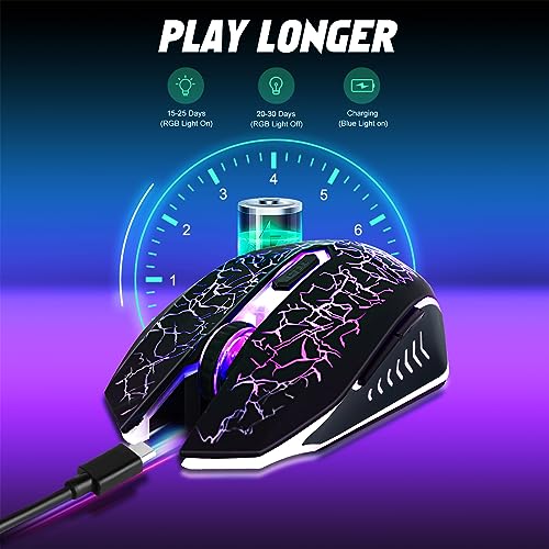 Wireless Gaming Mouse, Rechargeable Wireless Computer Mouse, 7-Color LED Light, Ergonomic Mouse with 6 Silent Click Buttons, 3 Adjustable 2400 DPI Wireless Mouse for Laptop,PC,Mac, Black