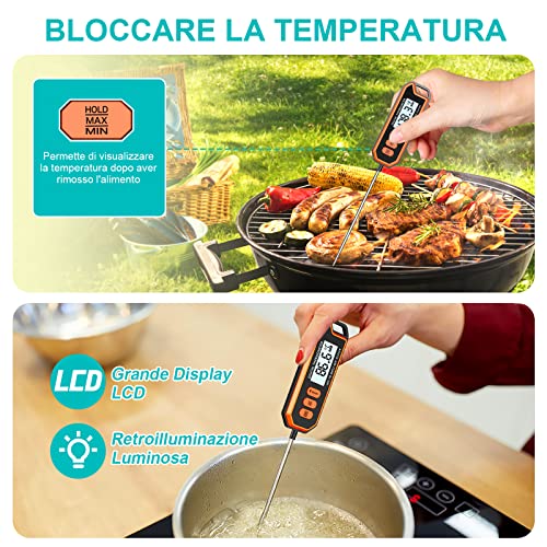 CIRYCASE Termometro Cucina, Termometro Barbecue a Lettura Istantanea con Sonda da 14.2 cm, Display LCD & Funzione di Mantenimento, Termometro Carne Ad Alta Precisione per Cucinare, Cuocere, ecc