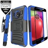Moto E4 Plus Case Tempered Glass Screen Protector,IDEA LINE Heavy Duty Armor Shock Proof Dual Layer Holster Locking Belt Swivel Clip Kick Stand - Blue
