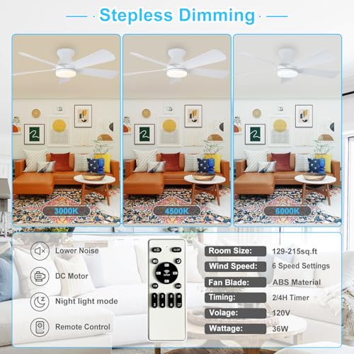 Depuley Modern Ceiling Fan with Light: Small 42 inch White Fan - Dimmable Ceiling Fan with Remote Control 5 Reversible White Blades 6 Speeds Timer