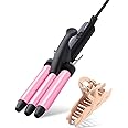 Youuish Mini Hair Crimper 1/2 Inch, Small 3 Barrel Curling Iron Hair Waver Dual Voltage for Home and Travel, Triple Ceramic Tiny Barrels Create Natural Tight Beachy Waves, Pink