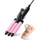 Youuish Mini Hair Crimper 1/2 Inch, Small 3 Barrel Curling Iron Hair Waver Dual Voltage for Home and Travel, Triple Ceramic Tiny Barrels Create Natural Tight Beachy Waves, Pink