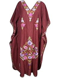 Gillian Womens Caftan Maxi Dress Floral Embroidery Embellished Kimono Kaftan Evening Dresses (Beige 1)