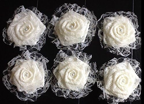 Set of Six Elegant All Lace Flowers with Lace Ruffle and Burlap Back Lavender Baby Blue Pink Ivory Champagne White Black Navy Tulle Wedding Centerpiece Aisle Decoration Wreath Table