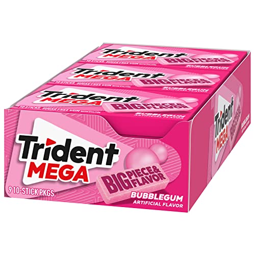 TRIDENT MEGA BUBBLEGUM SUGAR-FREE CHEWING GUM, 9 PACKS OF 10 PIECES (90 TOTAL PIECES)