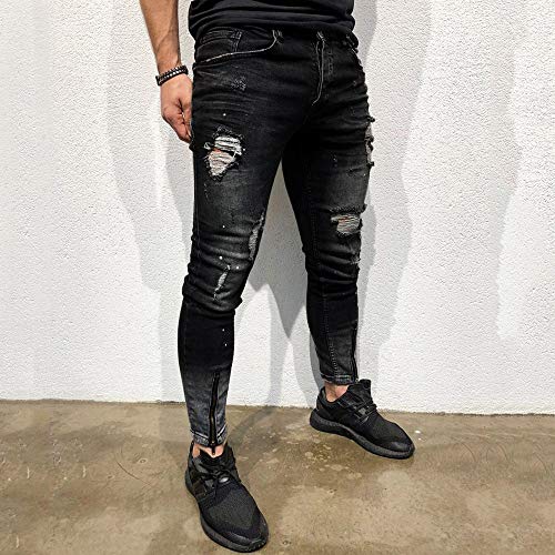 Caopixx Men Casual Trouser Biker Ripped Skinny Jeans Frayed Slim Fit Denim Pants Mens Shorts D-Black - Thumbnail 2