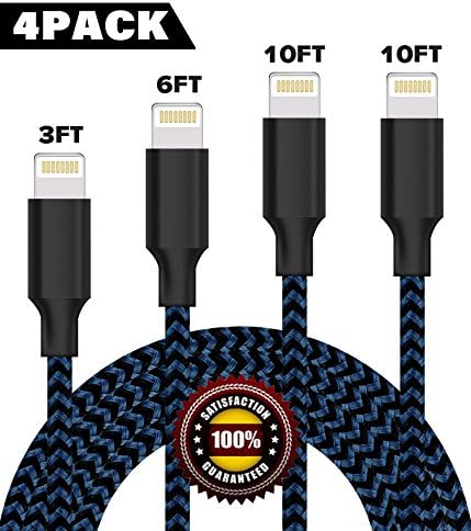 BULESK Lightning Cable 4Pack 3FT 6FT 10FT 10FT Nylon Braided Certified iPhone Cable USB Cord Charging Charger for iPhone X,8, 7, 7 Plus, 6, 6s, 6+, 5, 5c, 5s, SE, iPad, iPod, iPod Touch Black Blue