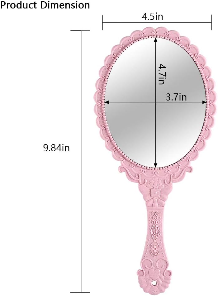 Tinland Hand Mirror with Handle Vintage Handheld Mirror Personal Vanity Makeup Compact Beauty Salon Mirror 9.8x4.5in(Pink): Home & Kitchen