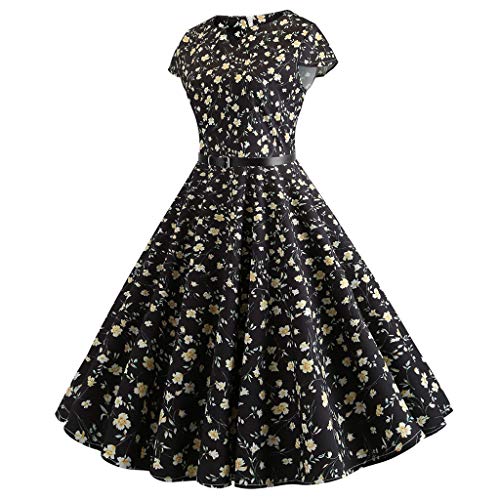 Gogoodgo Waistband Dresses for Women, Ladies Vintage V Neck Short Sleeve Dress 1950s Retro Printing Swing Dress Black