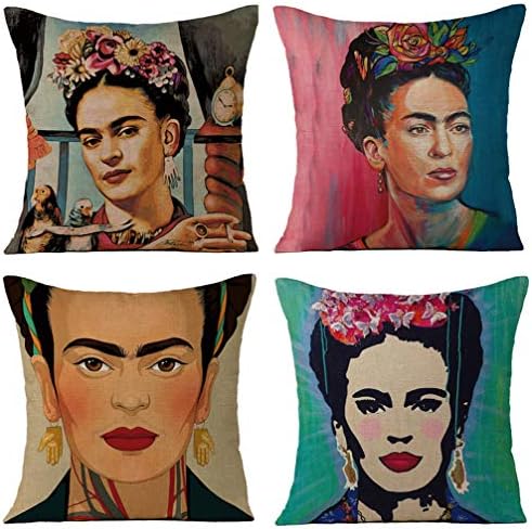 Joyi 4 Pack Frida Kahlo Self-Portrait Cotton Linen Throw Pillow Case Car Cushion Cover 18"x18",Pattern 21
