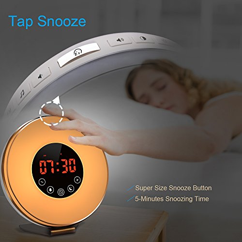 Alarm-ClockWitmoving-Bedside-Sunrise-Simulator-with-Brightness-Automatic-Adjustment-6-Nature-Sounds-FM-RadioWake-Up-LightEasy-Set-Up-via-Touch-ControlPowered-by-USB-Charger-or-Wall-Jack