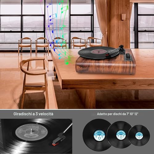 Vinyl Record Player with Built-in Bluetooth Speakers Vintage Style 3 Speed Vinyl Player Retro Portable Disc Player, RCA AM FM Headphone Jack, Walnut Wood