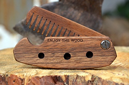 Beard Comb for Men - Pocket Folding Combs for Mustache & Hair. Travel, Natural Wooden Comb with Skull Engraving - Perfect for Use w/Beard Balm, Oil