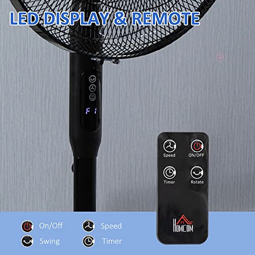 HOMCOM 16" Pedestal Fan with Remote, LED Control Panel, Tilted Head, Black | Standing Floor Fan with Height Adjustable, Timer, Oscillating, Bedroom