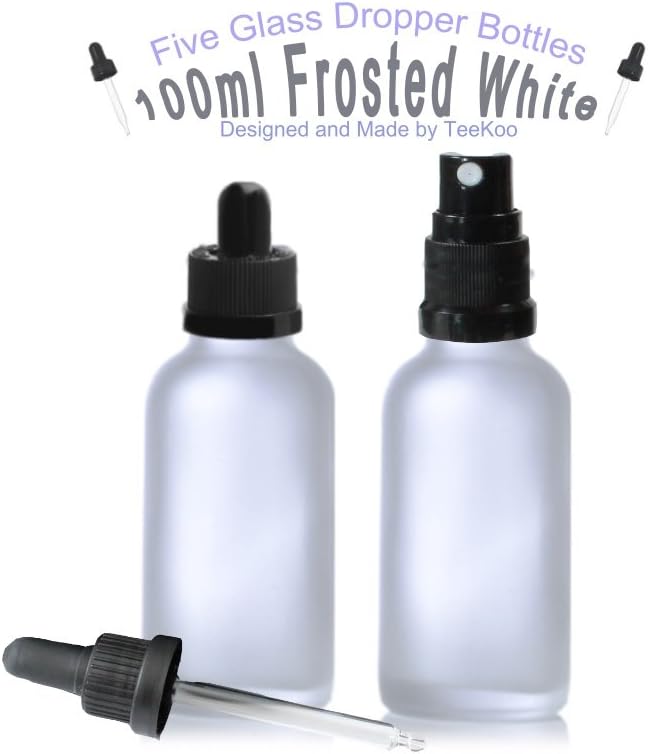 Five Glass Dropper Bottles with Child Proof Caps + 5 Additional Atomizer/Spray Caps (100ml, Frosted White)