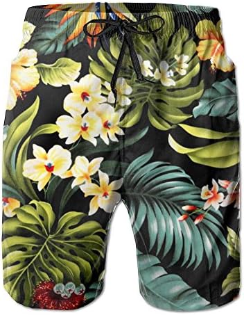 Hawaiian With Tropical Plants And Hibiscus Flowers Casual Printed Boardshort Quick Dry Men Polo Sport Soft Swim Trunk Beach Shorts With Pockets