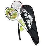 RiteTrak Sports FiberFlash 7 Badminton Racket Set, Featuring 2 Carbon Fiber Shaft Racquets, 3 Shuttlecocks Plus Fabric Carrying Bag All Included (Red/Blue/White)