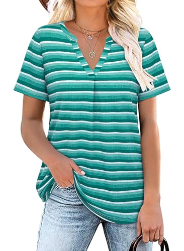 Siddhe Tunika Damen Kurzarm T-Shirt Gestreift Casual Bluse Ringelshirt Festlich Party Sommer Longshirt Longbluse Für Strand Lässig Oberteile, Grün Streifen Xl