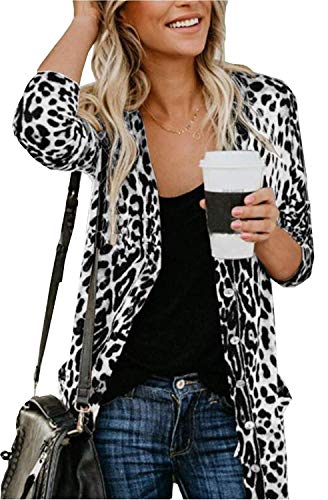Cheetah Print Cardigan Shirt for Women Open Front Printed Cardigan Tops Leopard Print Button Cardigan White