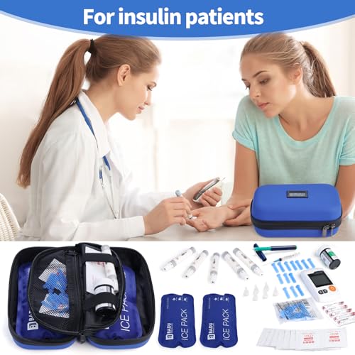 HIMDUZE Insulin Cooler Travel Case TSA Approved Refrigerated Medicine Cooler for Travel w/Thermometer Temperature Diabetic Case w/2 Reusable Ice Packs for Daily Life Trip, Blue