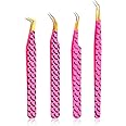 HADIZ Fiber Tip Tweezers Set of 4 Diamond Grip Eyelash Extensions Tweezers Japanese Stainless steel Lash Tweezer (Pink)