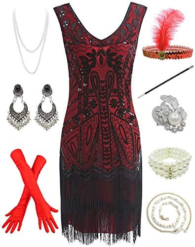 Women 1920s Short Prom Dresses V Neck Sequins Cocktail Flapper Plus Dress 20s Accessories Set