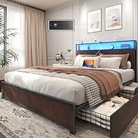 Lifezone Queen Bed Frame with 2-Tier Storage Headboard, Metal Platform Bed Frame with 4 Storage Drawers, Built in Charging Station & LED, Noise-Free/Metal Support/No Box Spring Needed, Coffee Brown