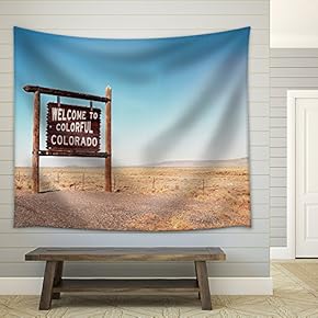 Welcome to Colorado Roadside Wooden Sign at a Border with Utah in Northwestern Colorado - Fabric Wall Tapestry Home Decor - 51x60 inches