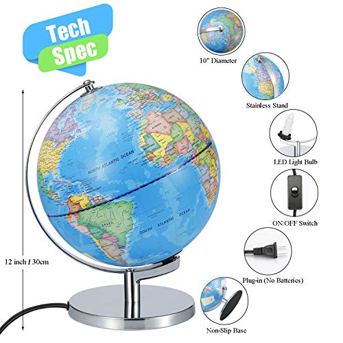 Illuminated World Globe lamp- Larger Size 12"-2-in-1 Geographic Globes with LED Light Desktop World Globe with Stand Discovery Educational World Globes for Kids - Geography Learning Toy