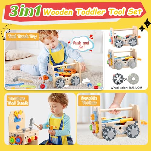 Wooden Car Tools Box, 39 Pieces Construction Games with Children's Apron, Tools Car Toys Children 2 Years Montessori Educational Games, Gift Boy Girls 2 3 4 Years