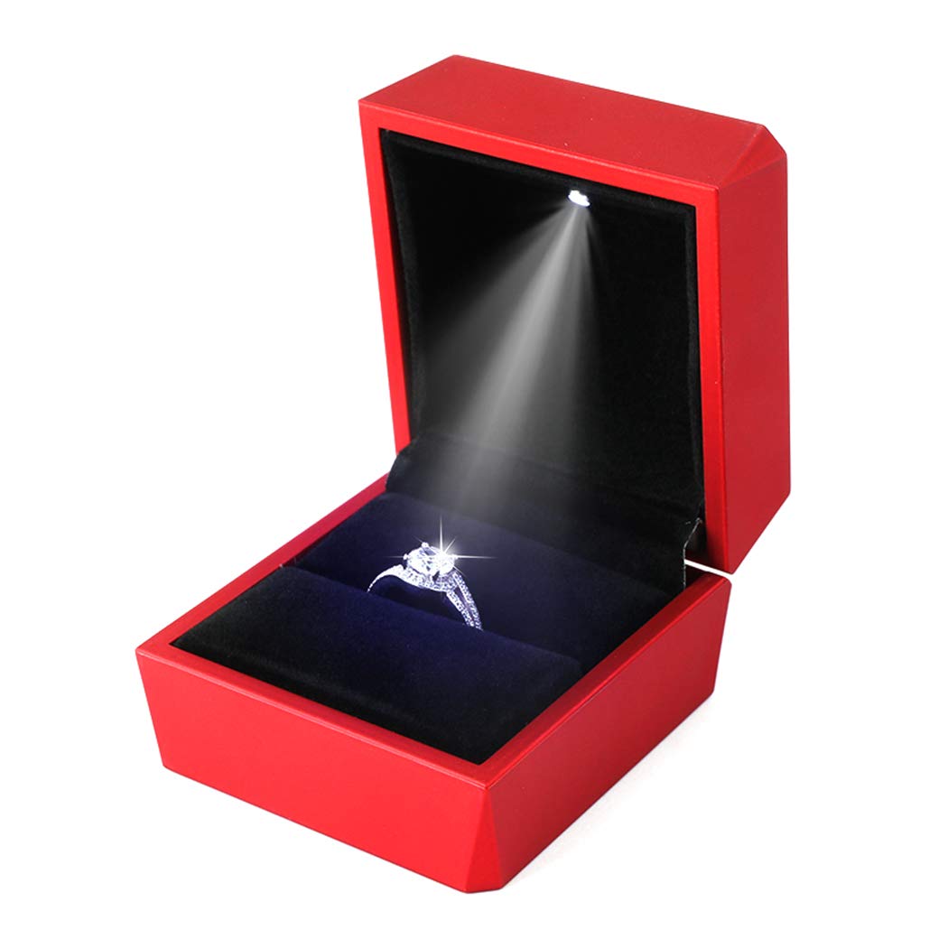 iSuperb Ring Box Proposal Engagement Square Ring Boxes with LED Light Case Jewelry Gift Box for Proposal Wedding Valentine's Day Anniversary Christmas (Red)