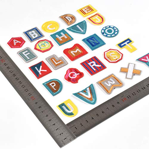 26pcs Geometry Letter Iron on Patches, DIY Name Sew on Appliques Embroidered A-Z Letters Patch for Clothes Dress Plant Hat Jeans Flowers Applique Accessory